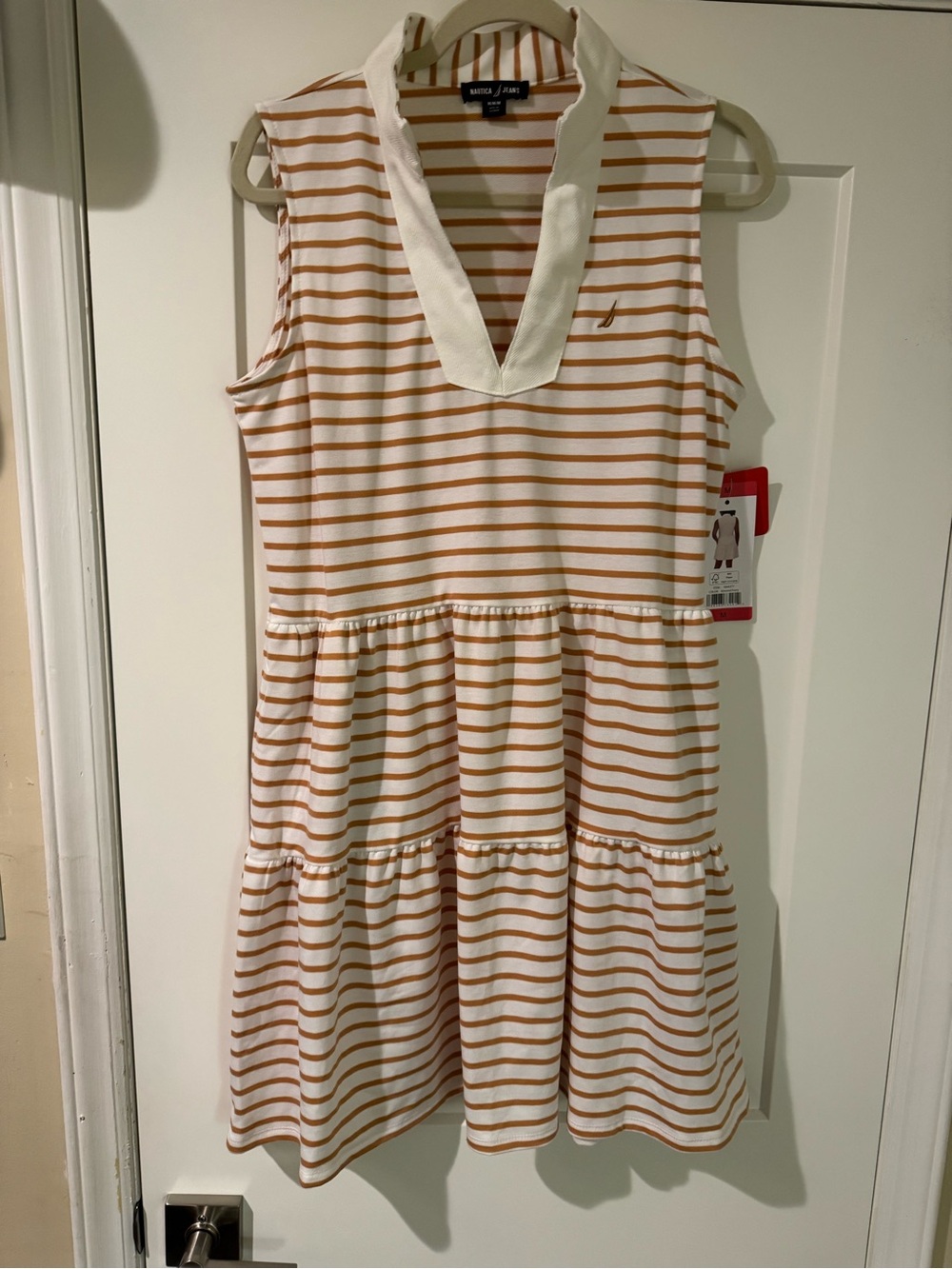 Nautica White and Tan Striped Sleeveless Tiered Mini Dress